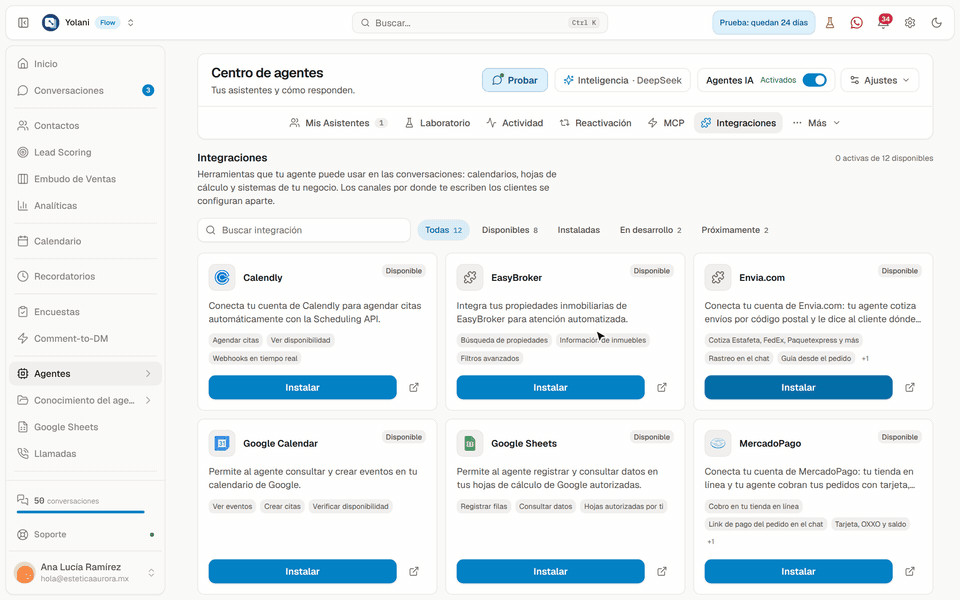 En Agentes → Integraciones, clic en «Instalar» de la tarjeta Envia.com, se pega la API key y clic en «Instalar»: la tarjeta queda Instalada