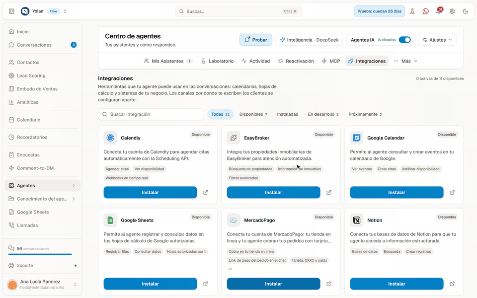 En Agentes → Integraciones, clic en «Instalar» de la tarjeta MercadoPago, se pega el Access Token de producción y clic en «Instalar» de la ventana: la tarjeta queda Instalada