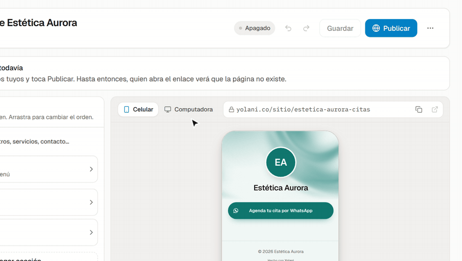 Clic en «Publicar»: aparece «Sitio publicado» y la etiqueta cambia a «Publicado»