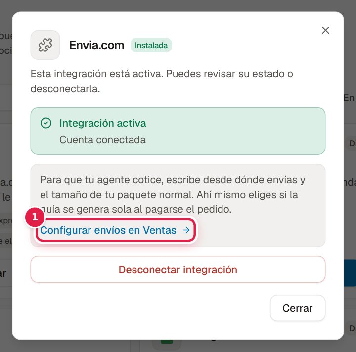 Ventana de Envia.com conectada con el enlace «Configurar envíos en Ventas» marcado con el 1