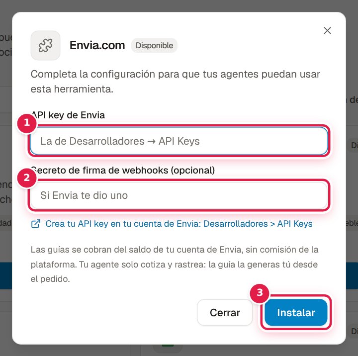 Ventana de Envia.com con los campos «API key de Envia» (1) y «Secreto de firma de webhooks (opcional)» (2) y el botón «Instalar» (3)