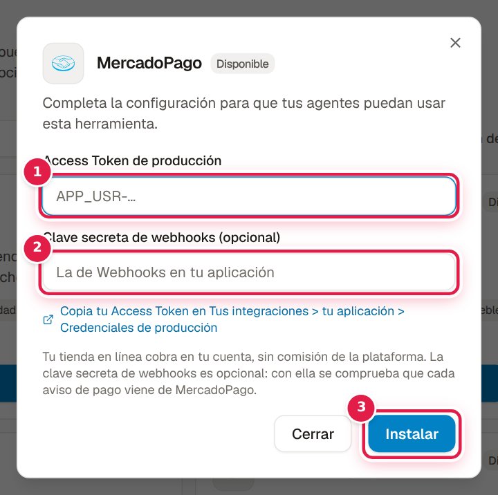 Ventana de MercadoPago con los campos «Access Token de producción» (1) y «Clave secreta de webhooks (opcional)» (2) y el botón «Instalar» (3)
