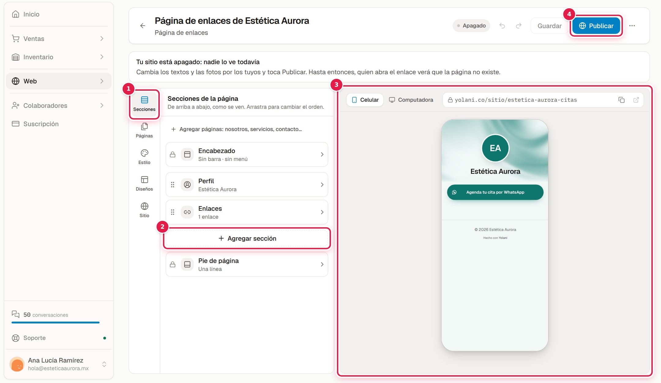Editor de un sitio: 1, los paneles (Secciones, Páginas, Estilo, Diseños, Sitio); 2, «Agregar sección»; 3, la vista previa; 4, «Publicar»